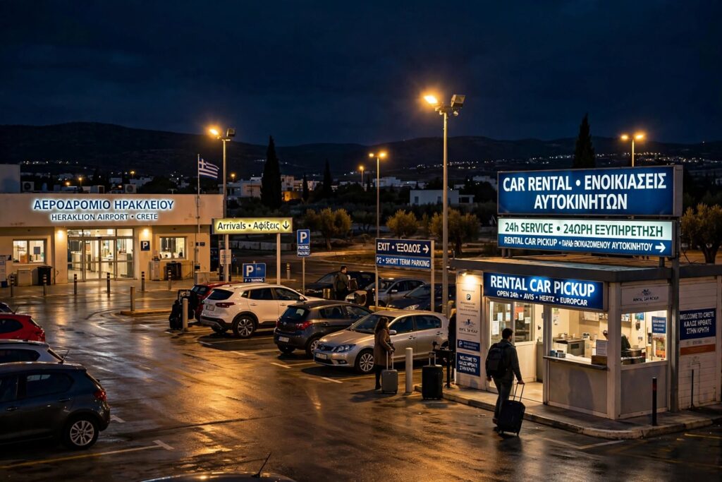 Night-time view of rental car pickup facilities at Heraklion Airport in Crete, not the future Kastelli Airport