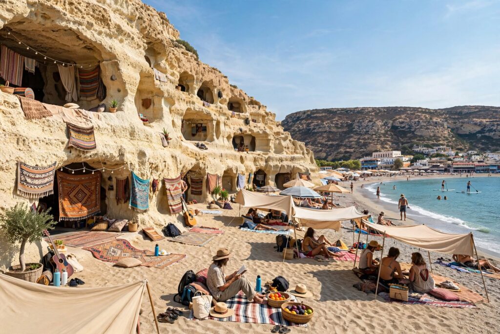Sandstone caves and beachgoers at Matala beach on Crete's south coast