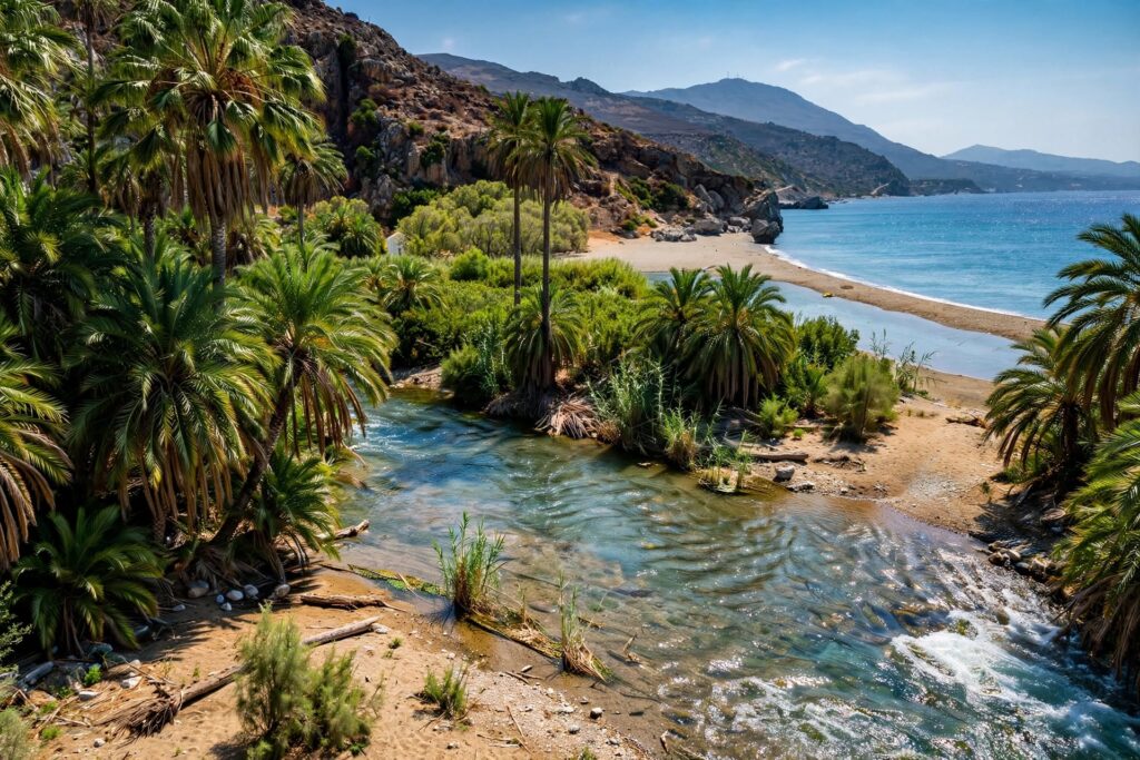 Palm-lined river flowing toward the sea at Preveli beach in southern Crete