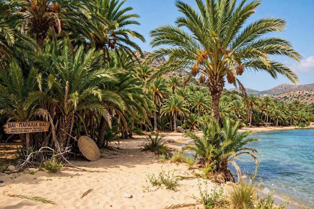 Palm trees beside the sea at Vai Palm Beach in eastern Crete